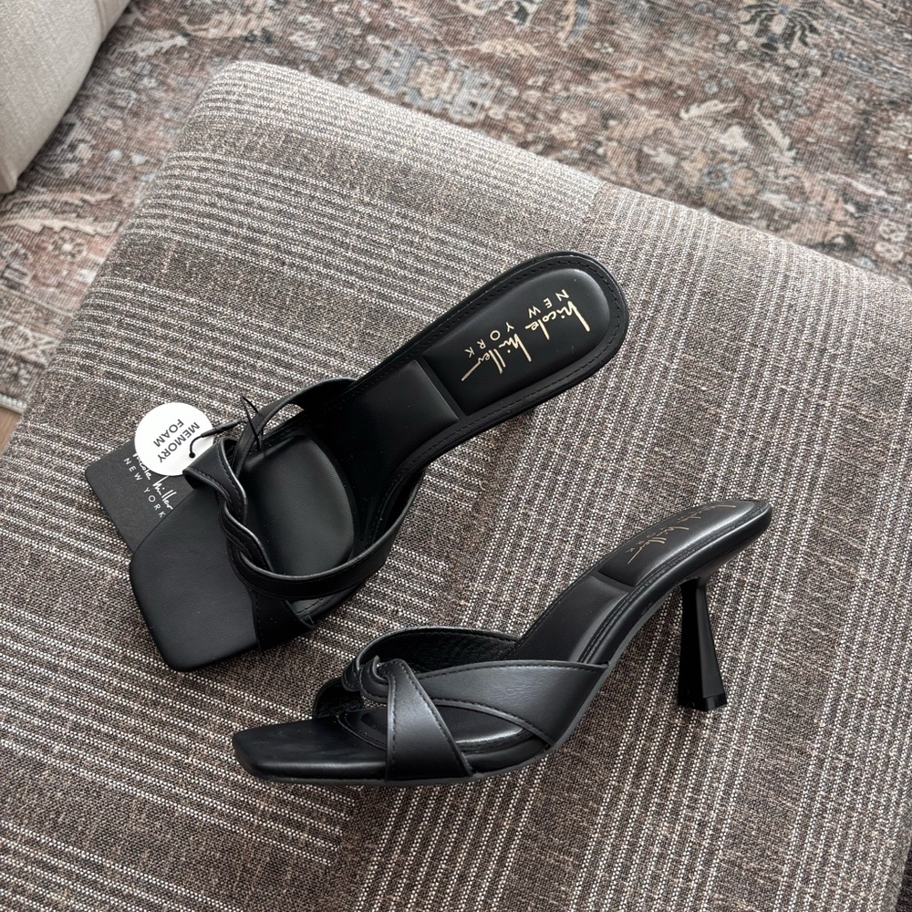 Nicole Miller New York Black Twisted-Knot Block Heel Slides